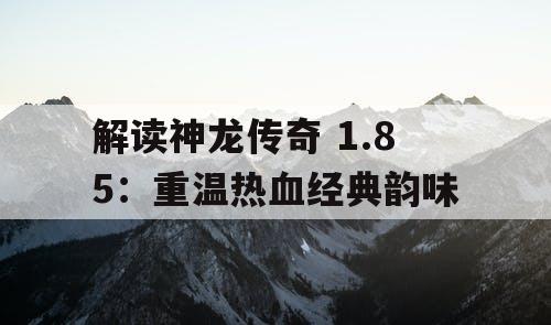 解读神龙传奇 1.85：重温热血经典韵味